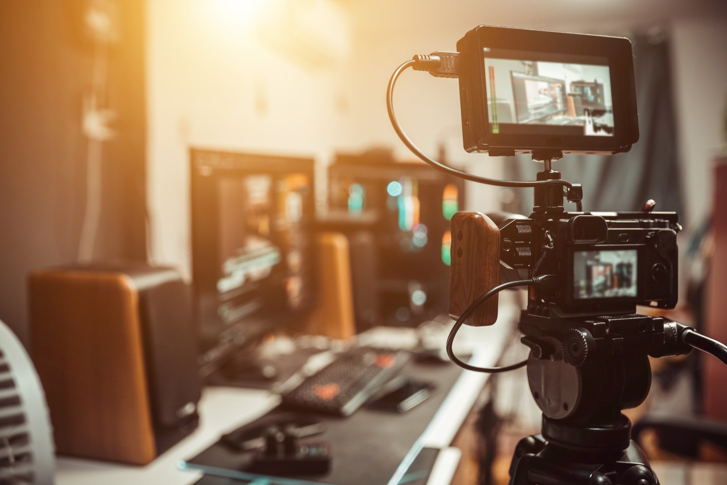 Camera film set on the tripod in the studio